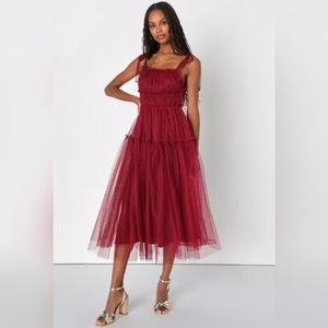 Lulu's Graceful Charisma Tulle Tiered Midi Dress in Burgundy